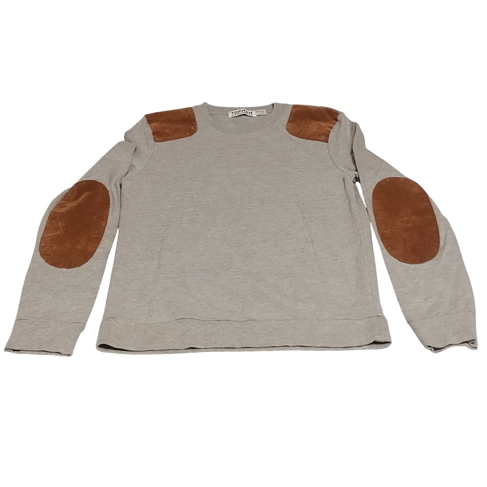 Topman Mens Sweatshirt Small Gray Faux Suede Shoulder Elbow Patches 37F01CGYM